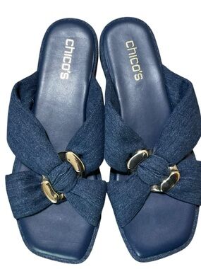 Chico’s Denim Bow Slide Sandals Gold Ring Detail Size 9M